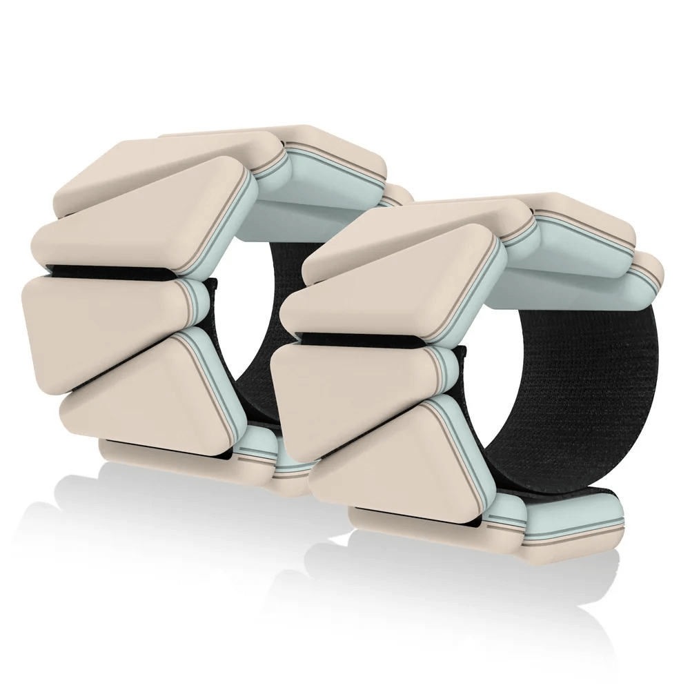 Two-color adjustable fitness bracelet weights for wrists and ankles, featuring triangular blocks for strength training and yoga.