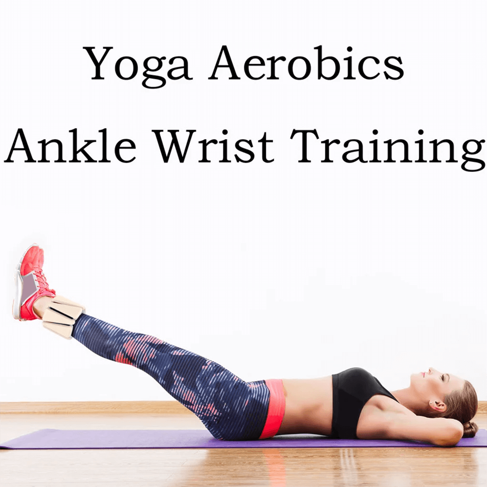 Woman using fitness bracelet weights for yoga and aerobic training, focusing on wrist and ankle exercise.
