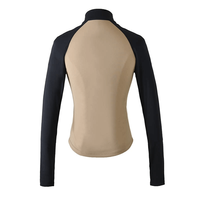 Back view of two-color tone slim sport jacket with long sleeves, beige and black, perfect for fashionable workouts.