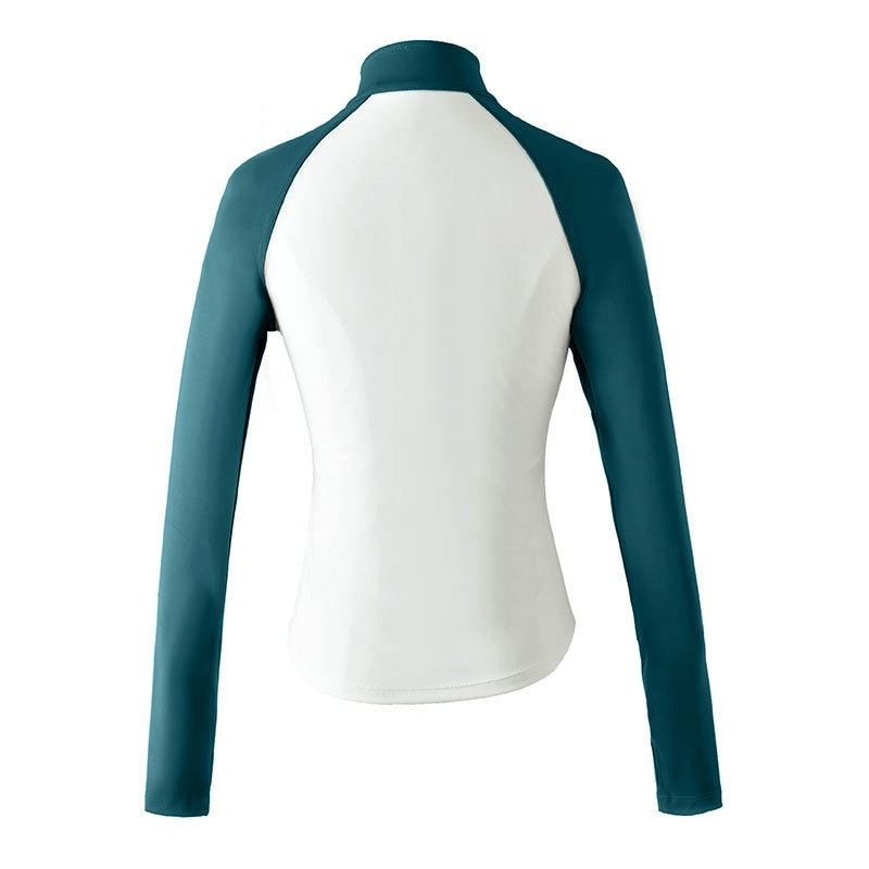 Back view of two-color tone slim sport jacket with long sleeves, perfect for workouts, made from polyester and nylon blend.