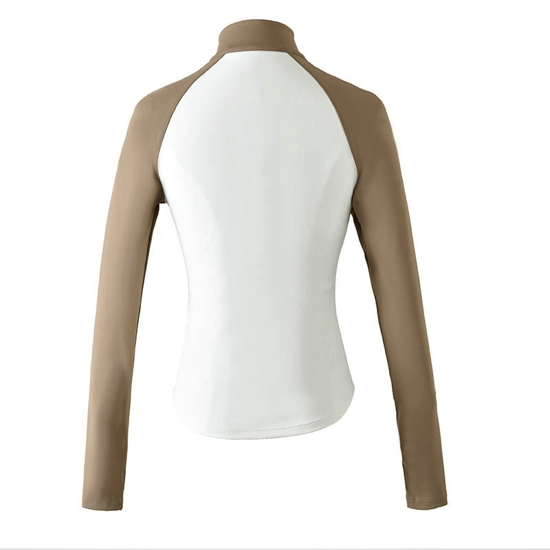 Back view of two-tone slim sport jacket with long sleeves, featuring a zip-up design ideal for women's fitness and yoga.