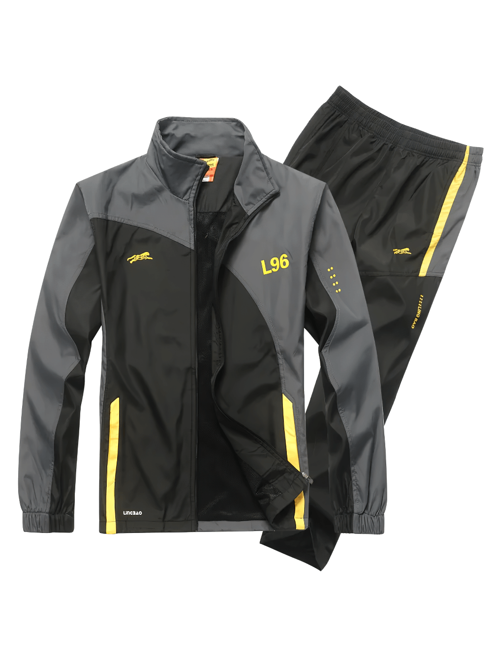 Men's two-piece sports tracksuit SF2292 with jacket and pants, polyester, black and gray with yellow accents, full-sleeve and elastic-waist.