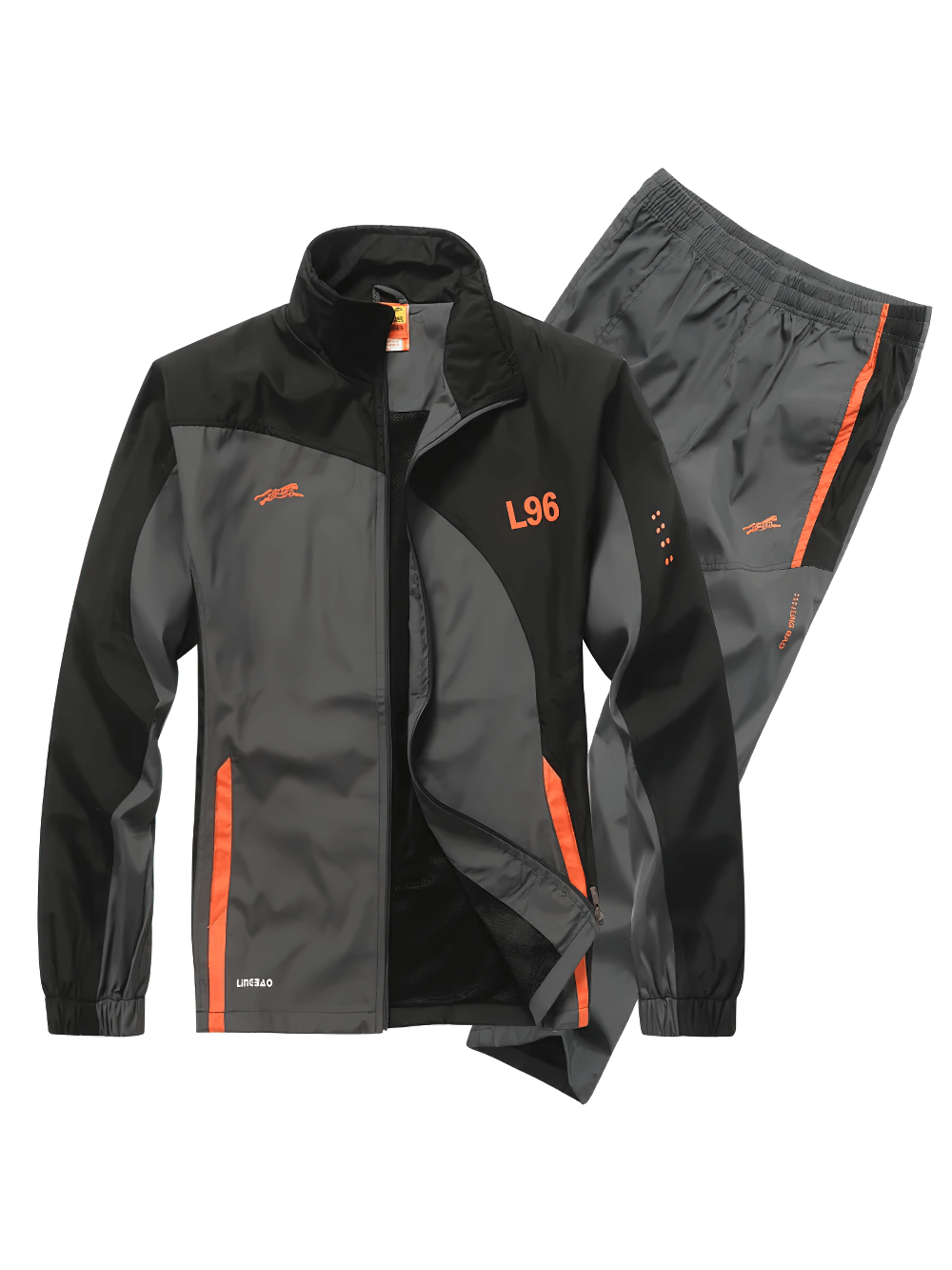 Two-piece sports tracksuit with black and orange jacket, elastic-waist pants, bold prints, and zipper closures. Perfect for training.