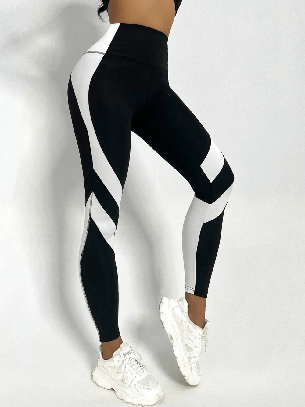 Two-Tone High Waist Yoga Leggings with Panels - SF4027 showcasing tummy control design and sleek colorblock for sporty silhouette