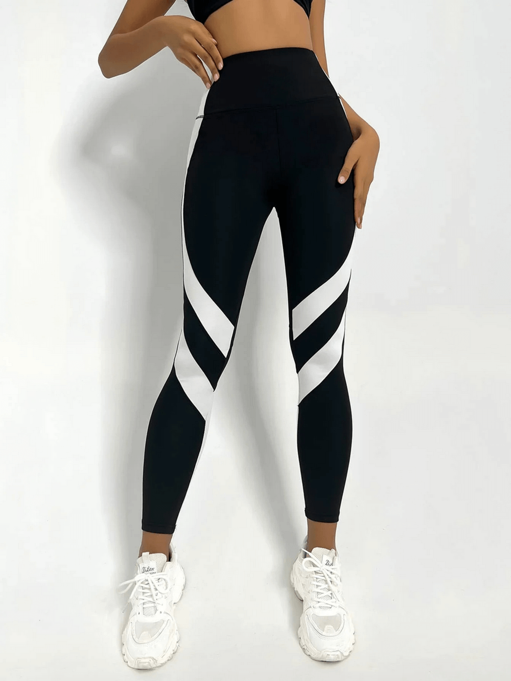 Two-Tone High Waist Yoga Leggings with Panels - SF4027 featuring sleek colorblock design, tummy control, perfect for fitness and yoga.