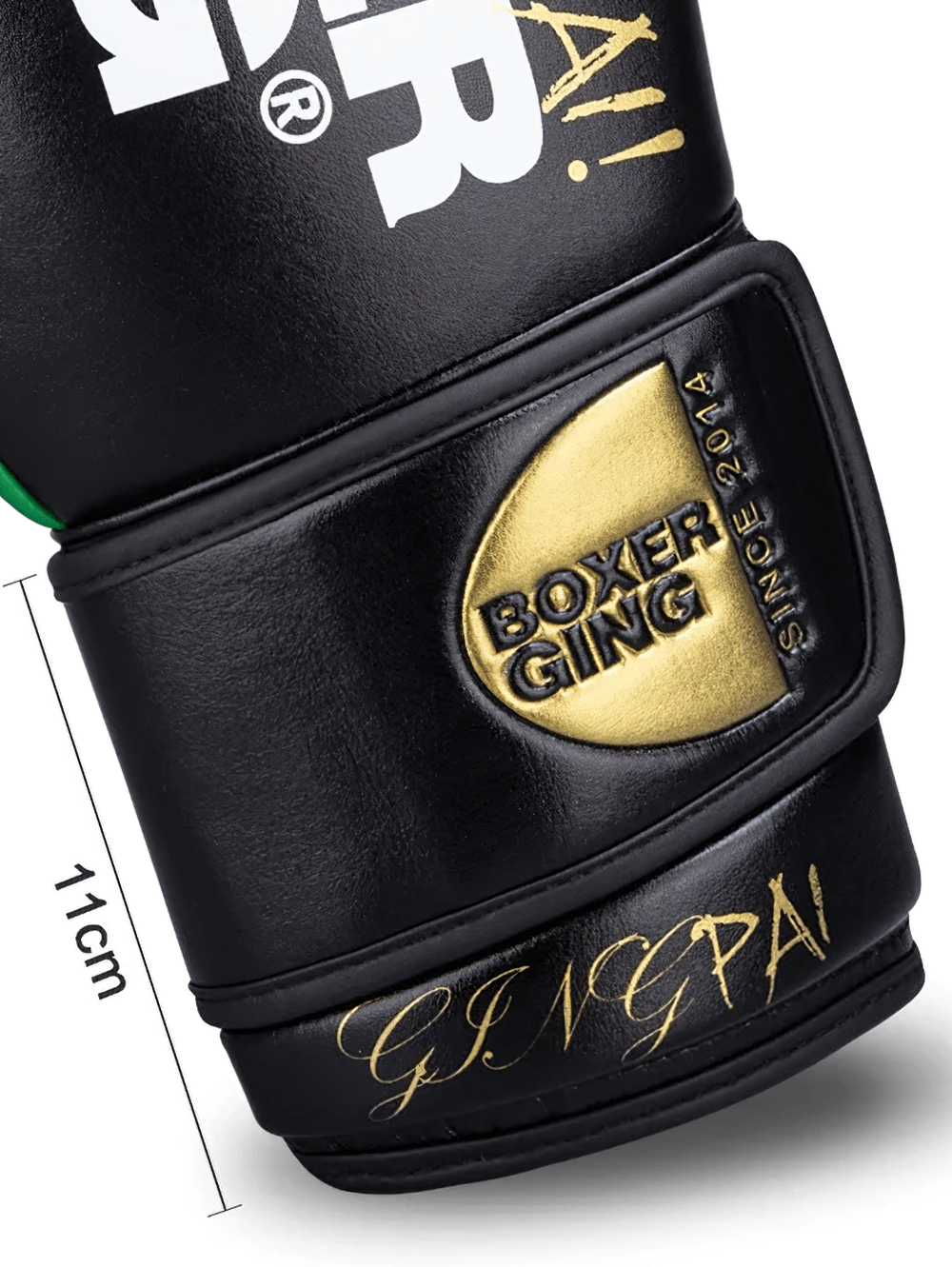 Close-up of black and gold leather boxing gloves showcasing logo and detailing, perfect for serious training.