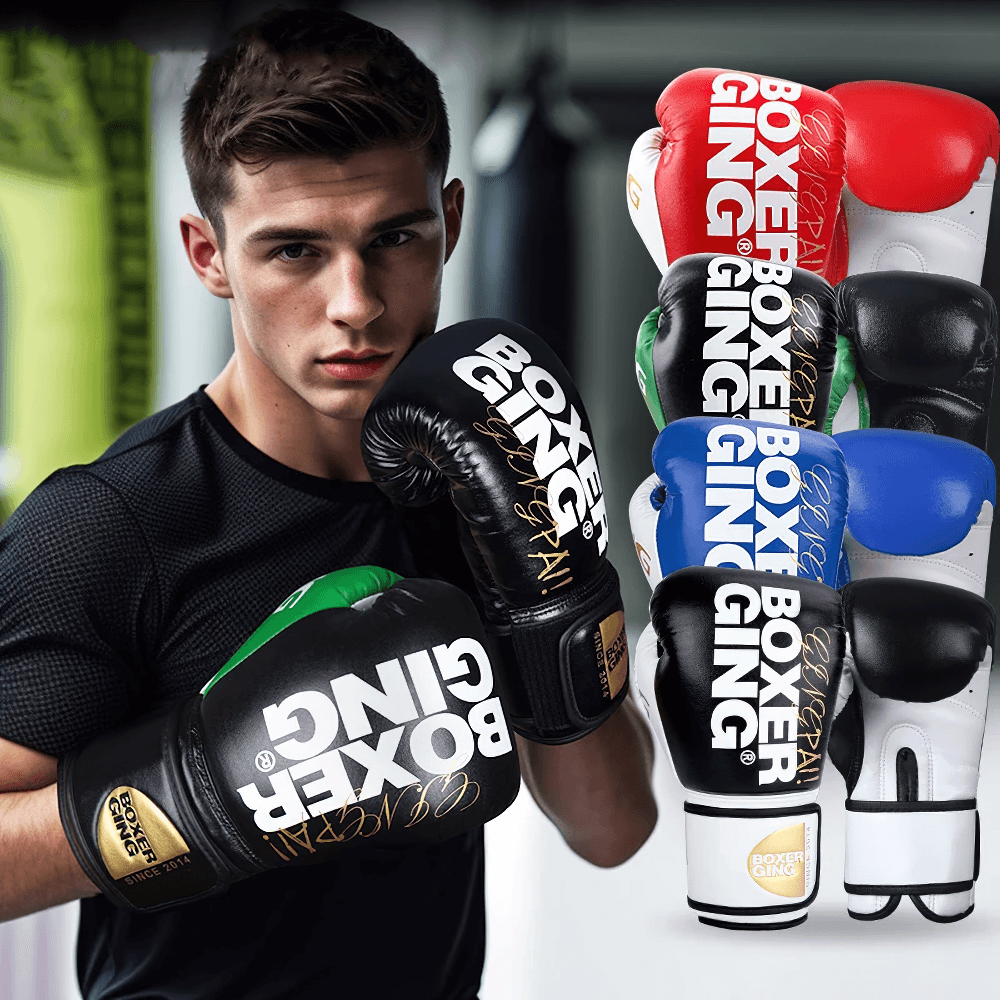 Athlete with Two-Tone Leather Boxing Gloves SF2699, showcasing durability and style. Perfect for training and sparring.