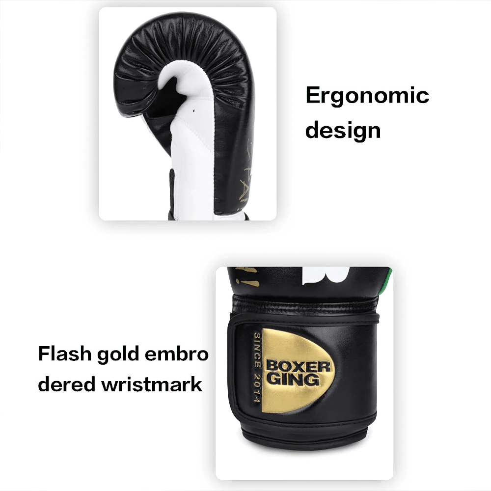Two-Tone Leather Boxing Gloves with ergonomic design and gold embroidered wristmark, perfect for training and sparring.