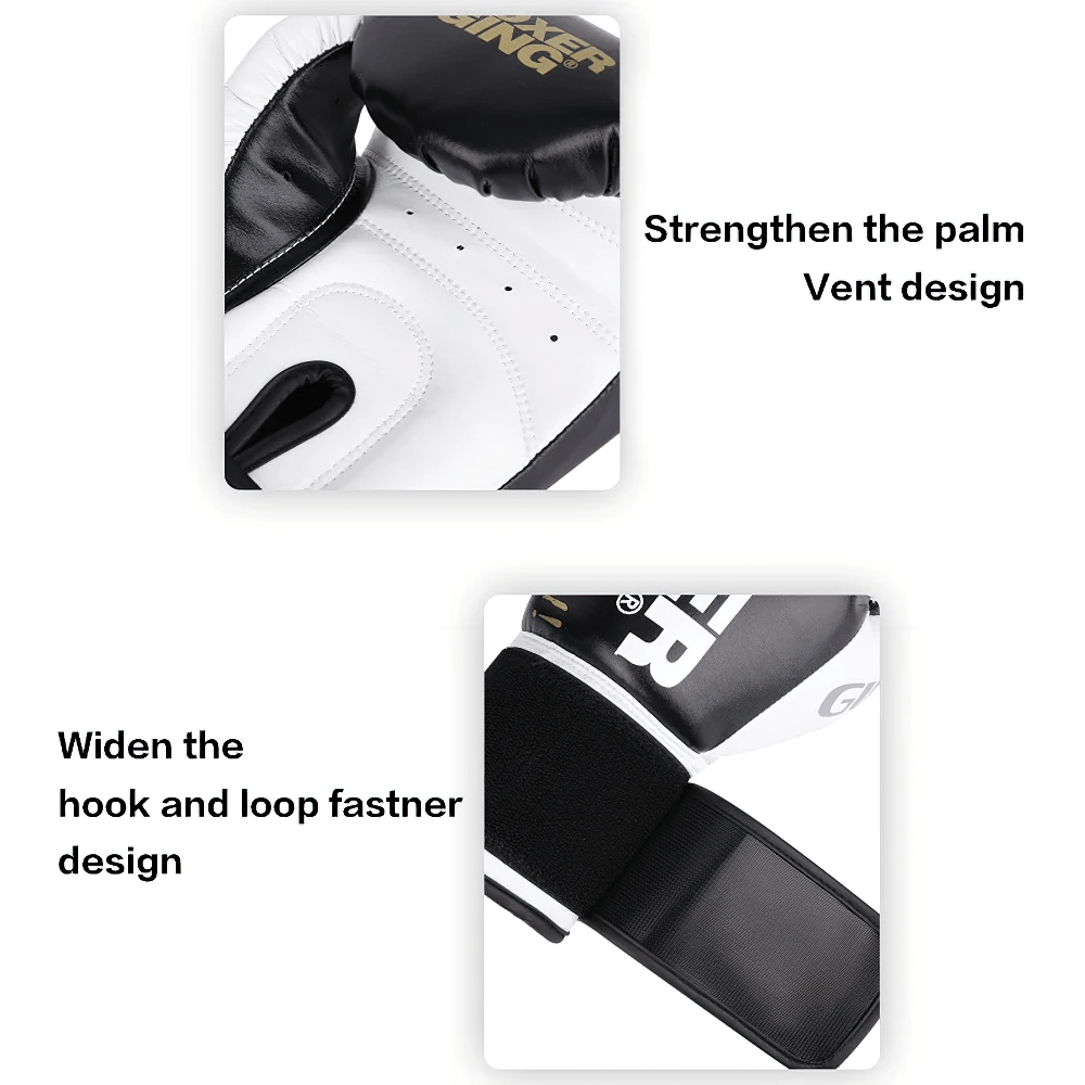 Close-up of two-tone leather boxing gloves showing palm vent and hook and loop fastener for enhanced grip and support.