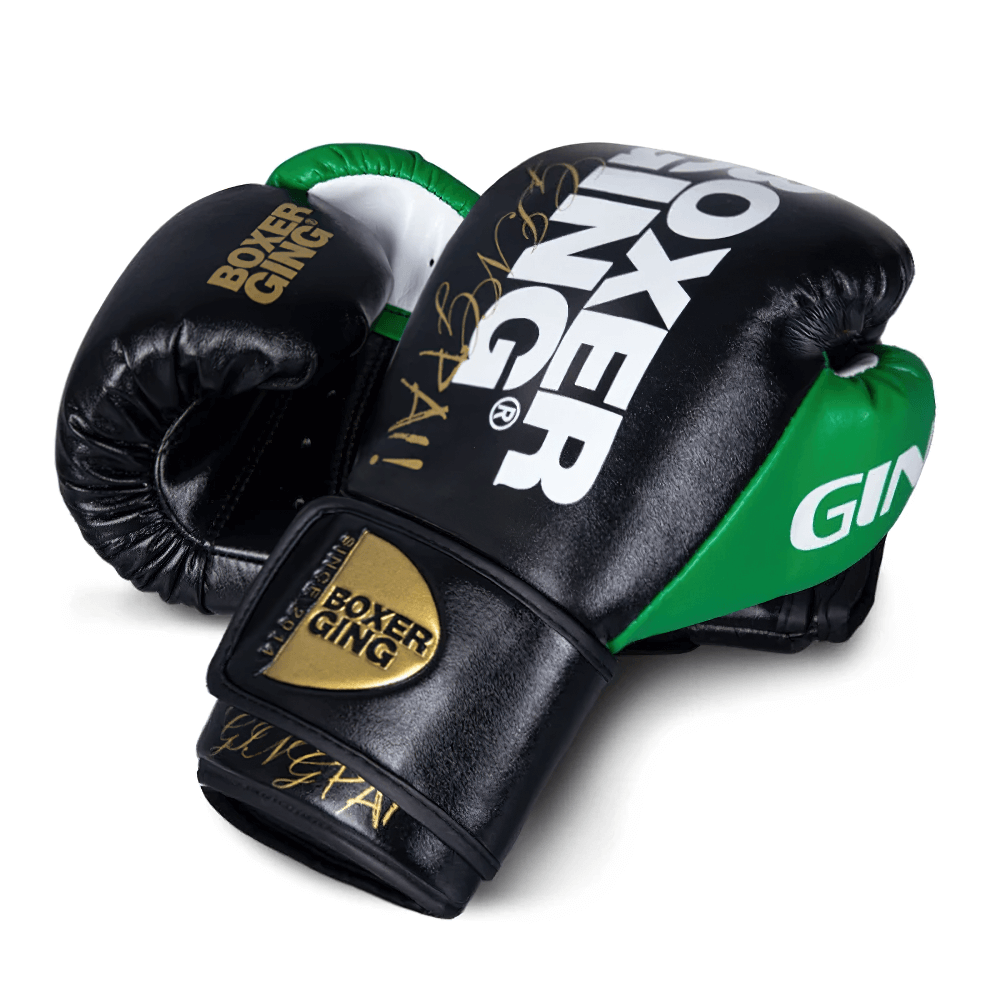 Two-Tone Leather Boxing Gloves SF2699, black and green with bold branding, ideal for training and sparring, durable with wrist support.