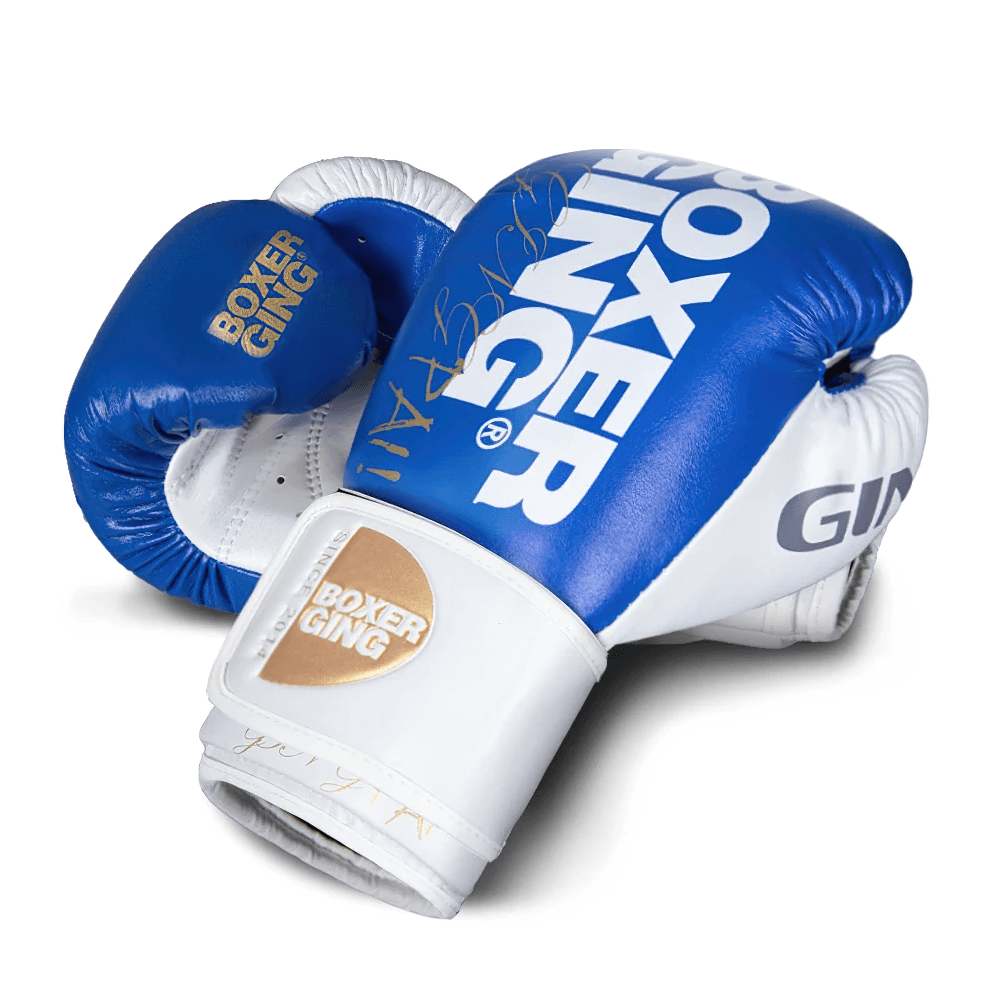 Two-Tone Leather Training Boxing Gloves SF2699 in blue and white, durable leather, stylish design, ideal for serious athletes in the ring.