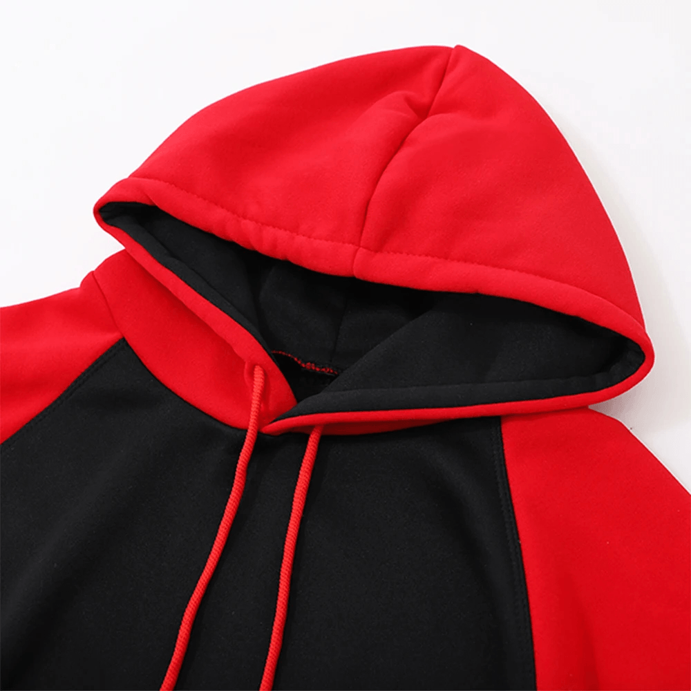 Two Tone Raglan Hoodie with Kangaroo Pocket - SF4610 close-up of red and black hoodie hood.