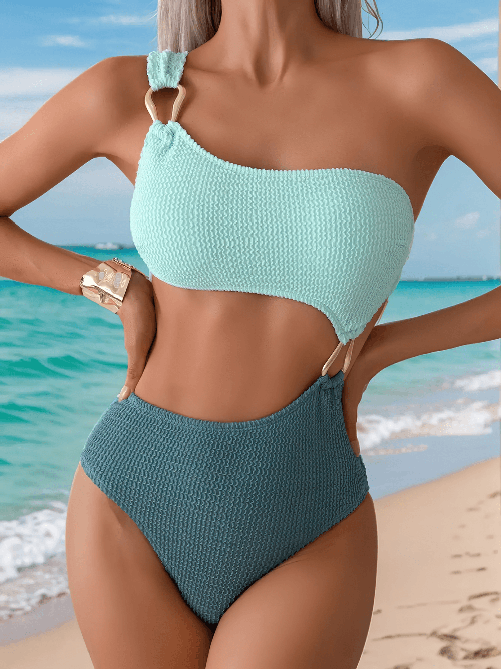 Two-Tone Textured One Shoulder Monokini Swimsuit - SF4763 showcasing a sexy cut-out style by the beach.