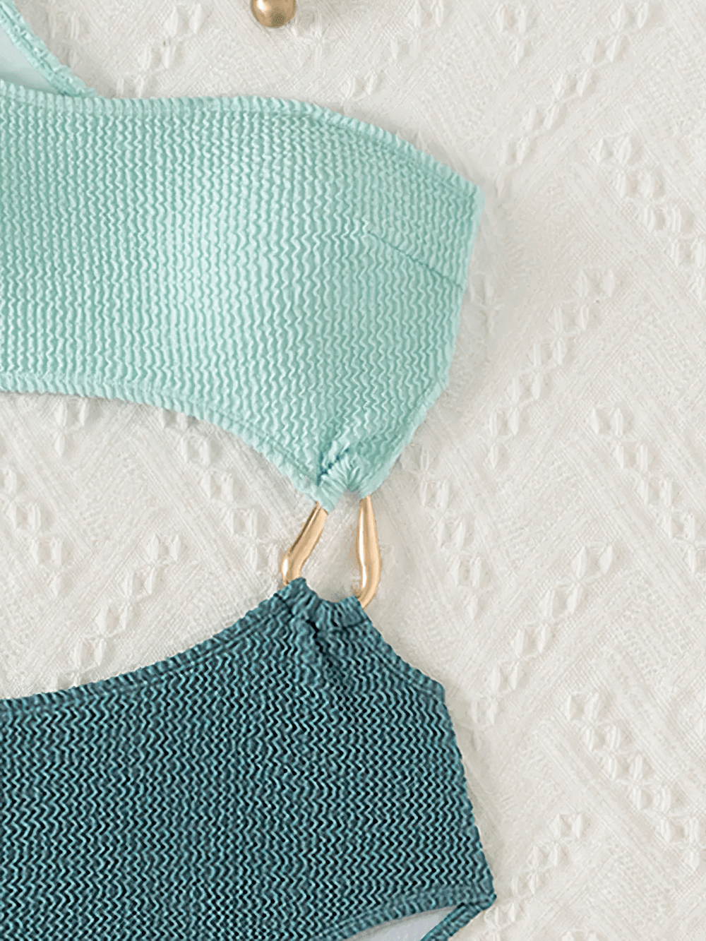 Two-Tone Textured One Shoulder Monokini Swimsuit - SF4763 close-up detail of ring accents and textured fabric.