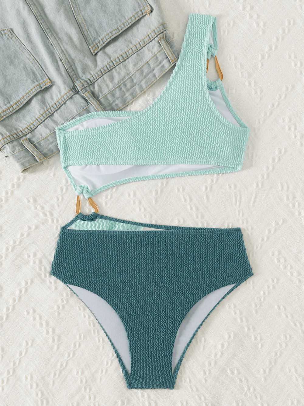 Two-Tone Textured One Shoulder Monokini Swimsuit - SF4763 featuring a mint green top and dark teal bottom.