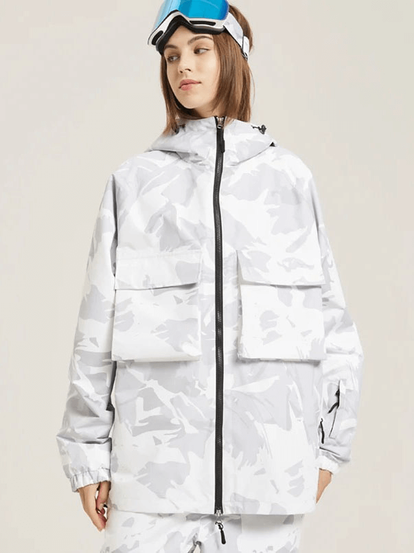 Woman wearing a Two-Way Zip Thick Warm Skiing Jacket SF1859 with large plaid pockets and hood, ideal for winter activities.