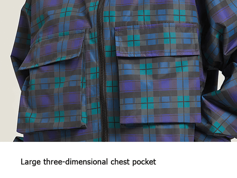Close-up of large plaid pockets on warm two-way zip skiing jacket for women, featuring blue and green checkered design, SF1859.