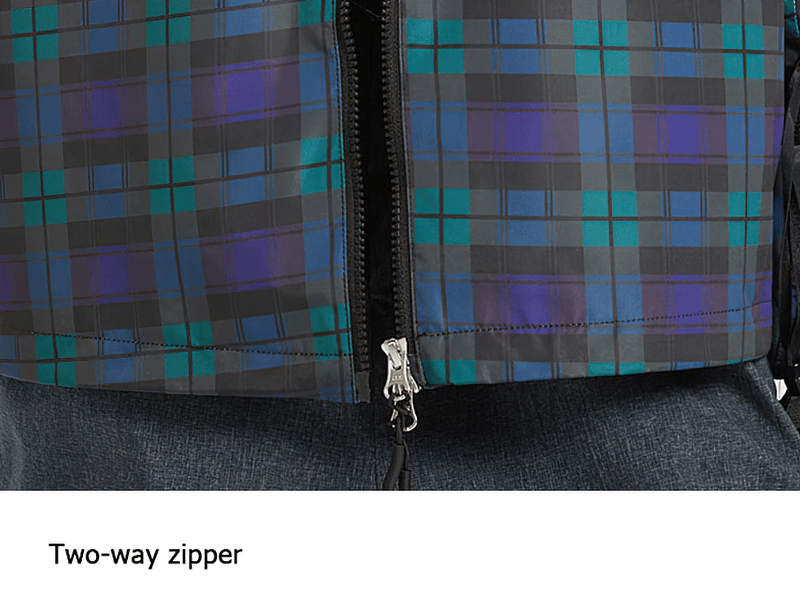 Close-up of two-way zipper on plaid thick warm skiing jacket, SF1859, for women. Features durable stitching and stylish design.