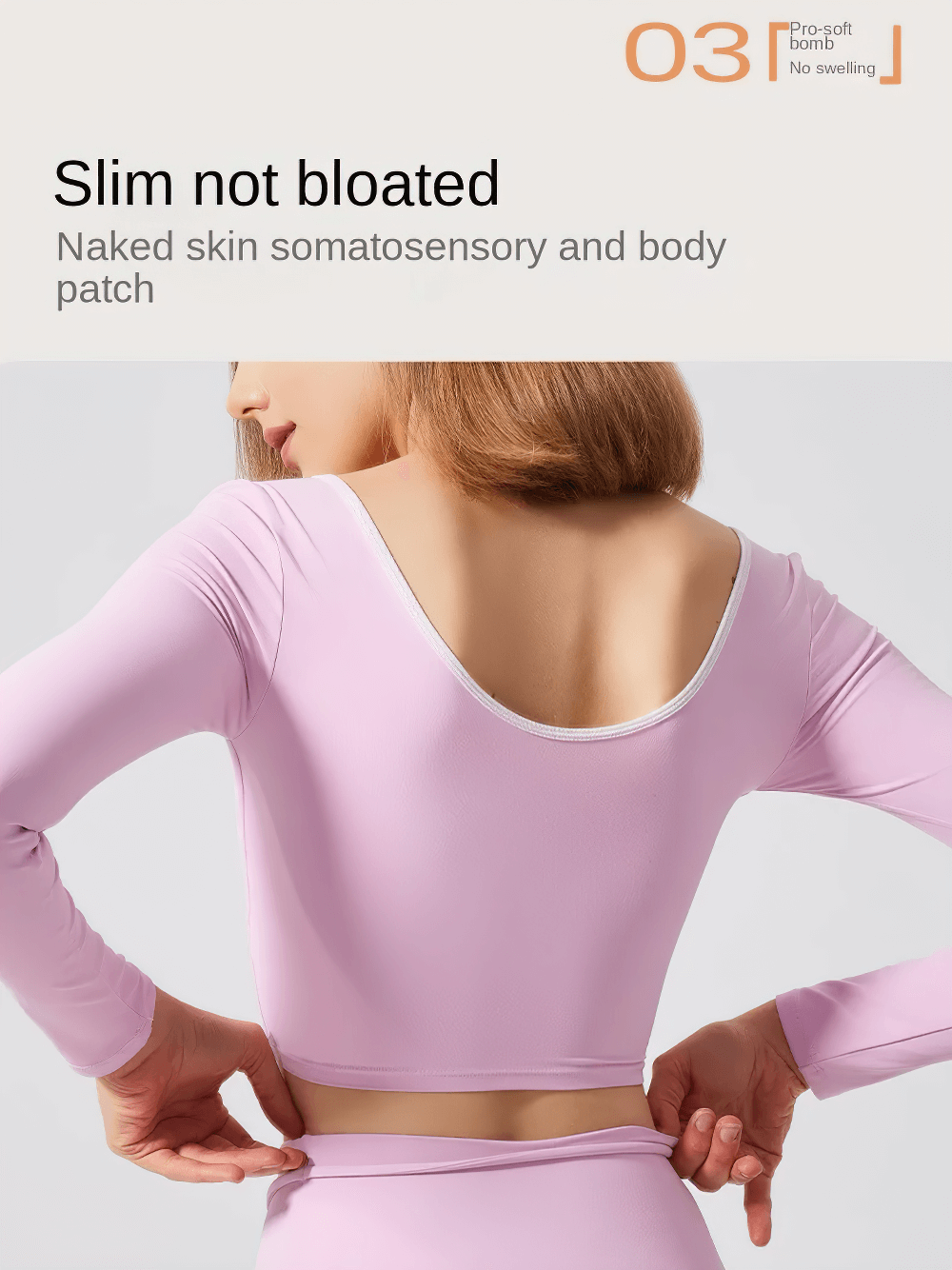 Woman wearing a stylish pink U-neck yoga top with long sleeves, showcasing a flattering fit and back view. Perfect for fitness and yoga.