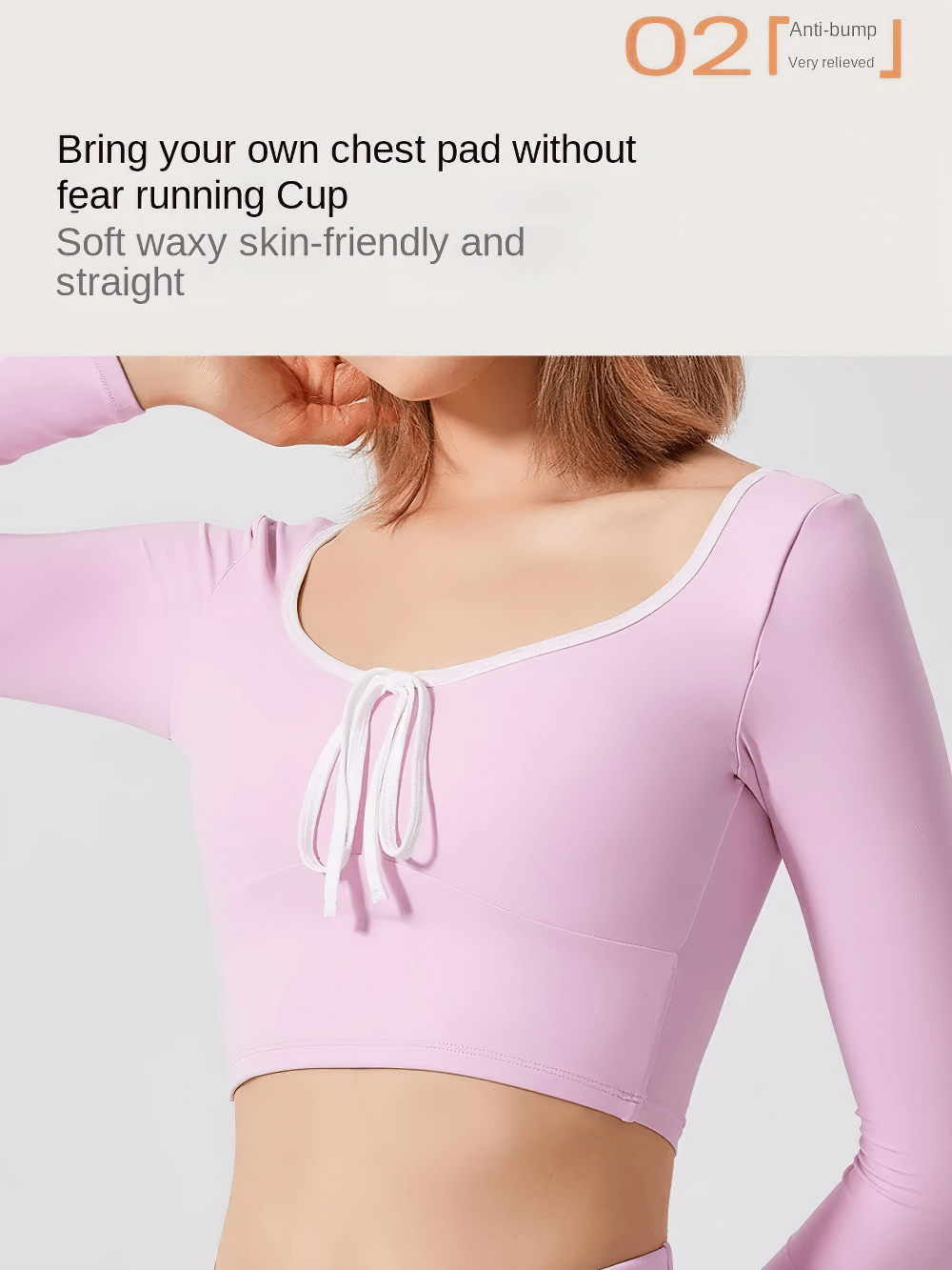 Model wearing pink U-neck long sleeve yoga top with built-in bra, perfect for fitness and outdoor workouts, featuring padded support.