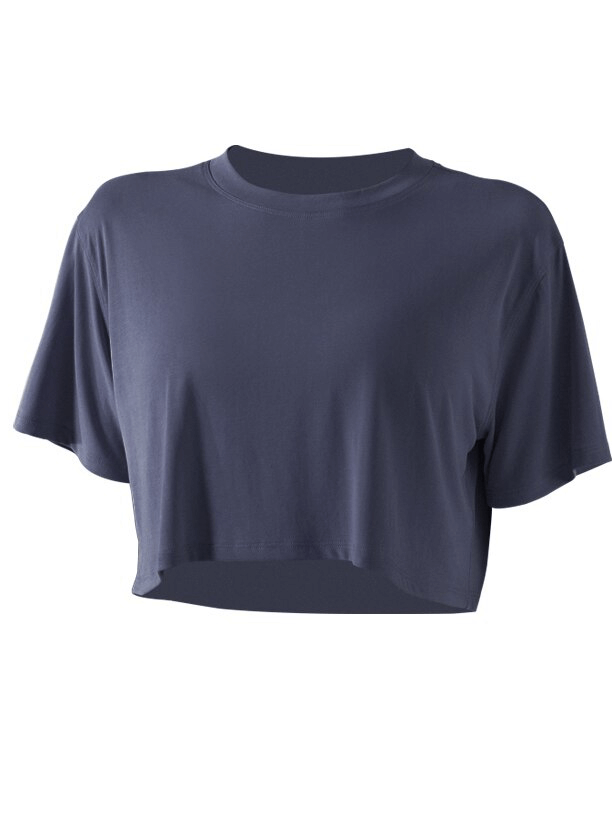 Ultralight Elastic Breathable Short Sleeves Gym Fitness T-Shirt in navy blue with O-neck collar for female active wear.