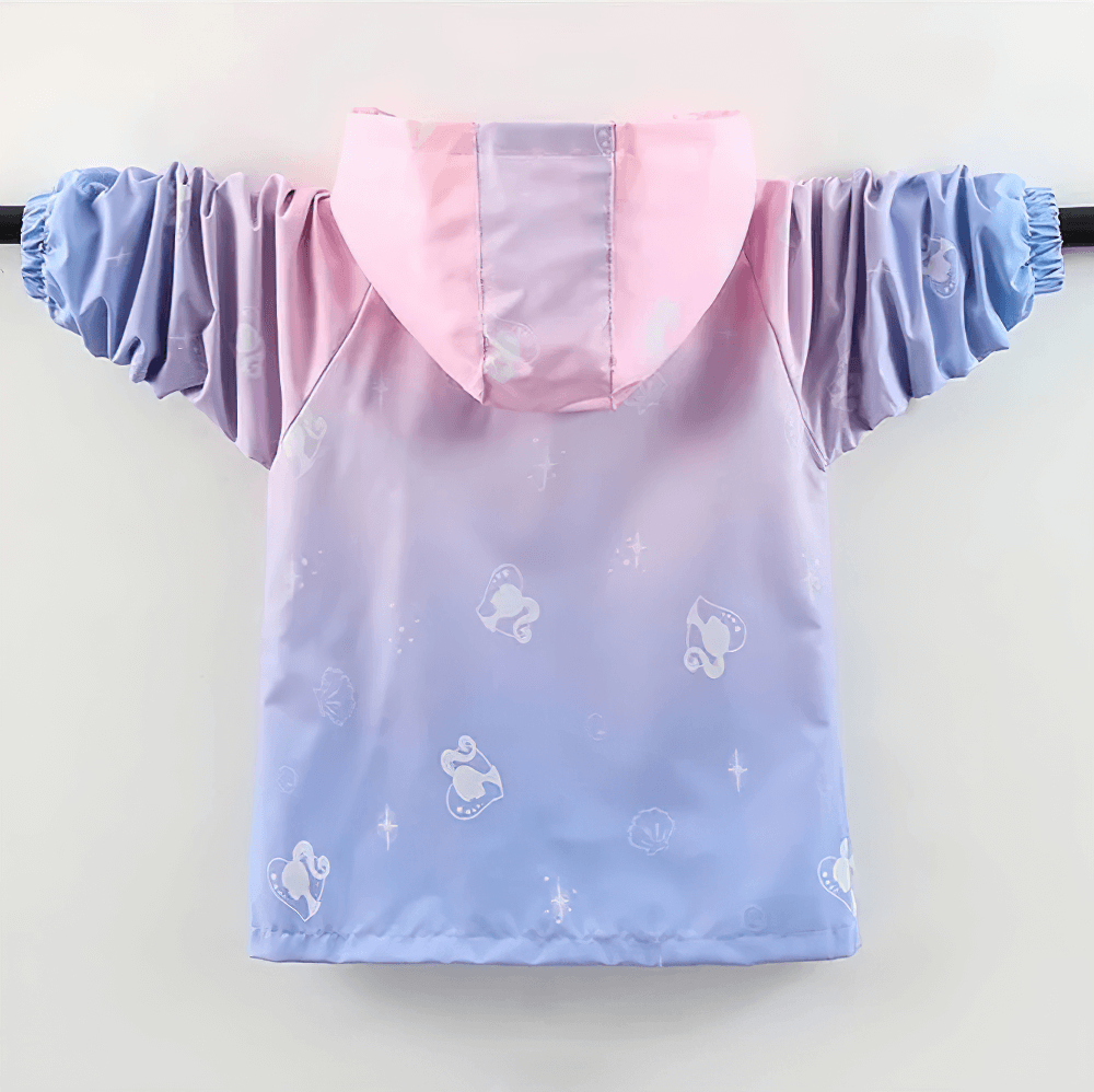 Unicorn Gradient Zipper Waterproof Jacket - SF3589: Kids' hooded jacket with unicorn print and gradient design, back view.
