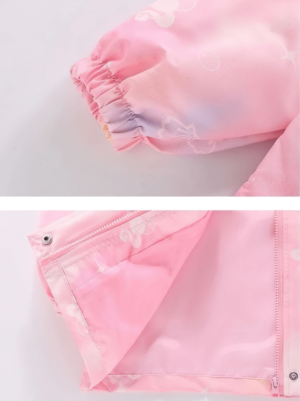 Close-up of Unicorn Gradient Zipper Waterproof Jacket - SF3589, showing pink gradient fabric and elastic cuffs with unicorn print.