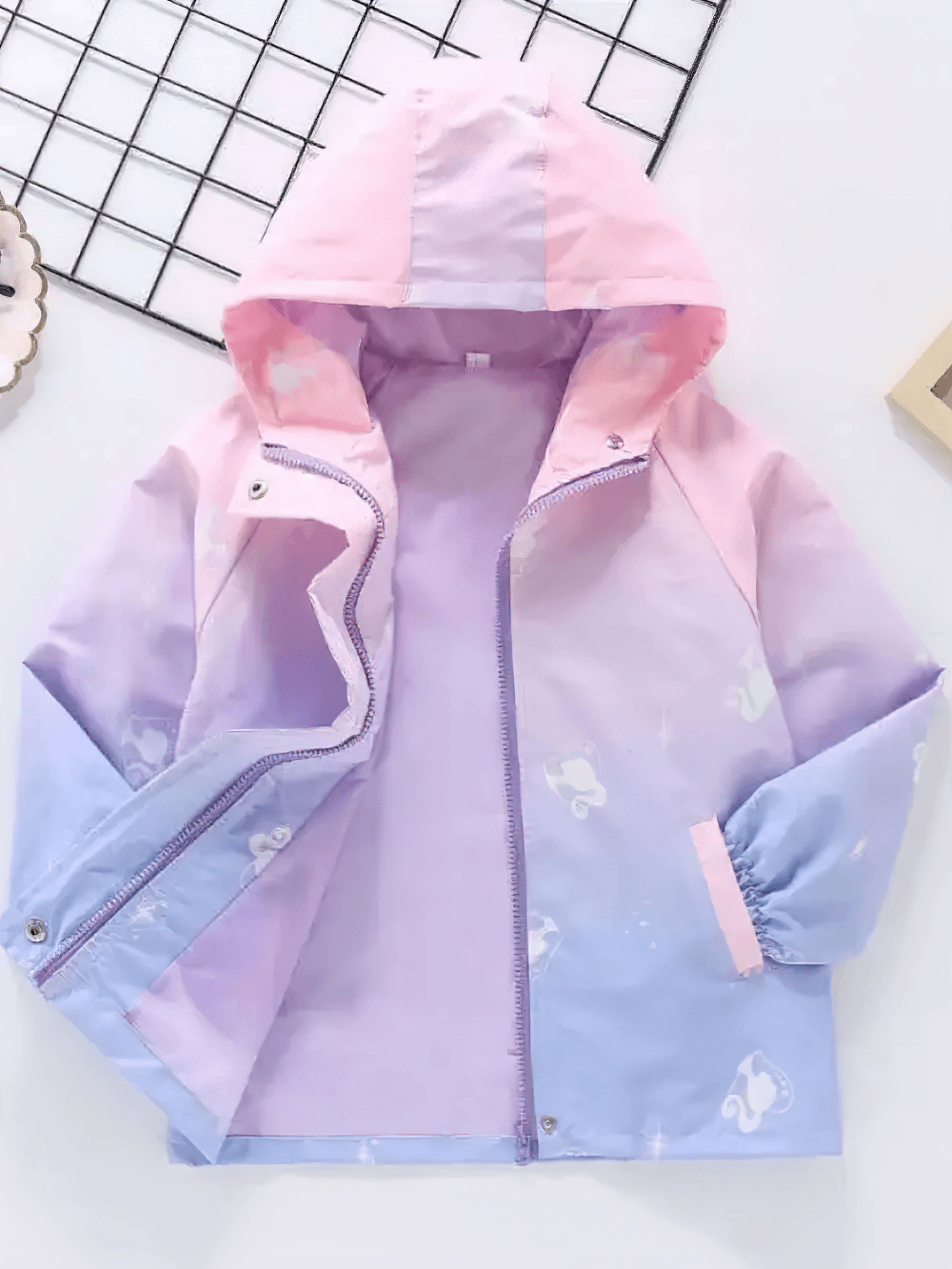 Unicorn Gradient Zipper Waterproof Jacket - SF3589 pastel unicorn print kids windbreaker with gradient pink and purple colors.