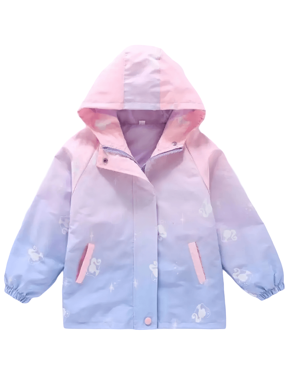 Unicorn Gradient Zipper Waterproof Jacket - SF3589 with pink and purple unicorn print for kids, hooded and water-resistant design.