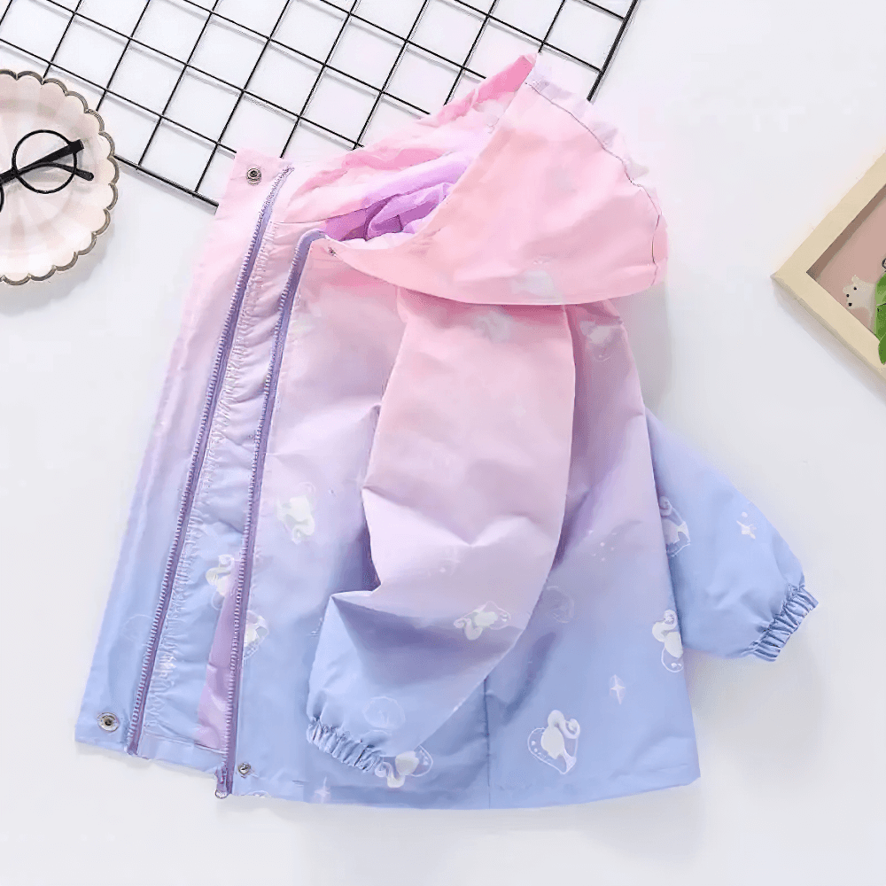 Unicorn Gradient Zipper Waterproof Jacket - SF3589 for kids in pink, featuring unicorn print and gradient design, water-resistant windbreaker.