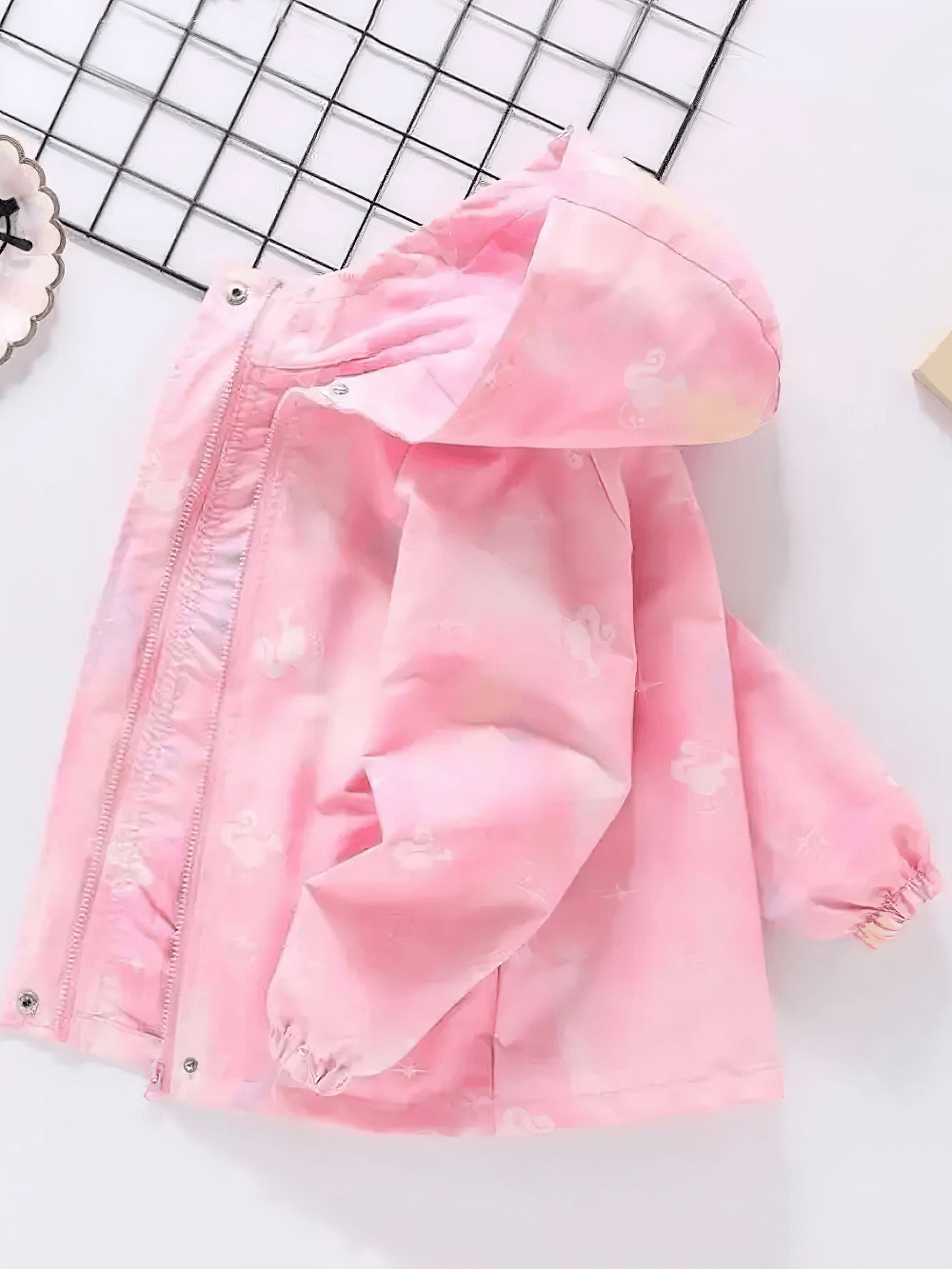 Unicorn Gradient Zipper Waterproof Jacket - SF3589: Kids' pink hooded jacket with unicorn print and gradient design, side view