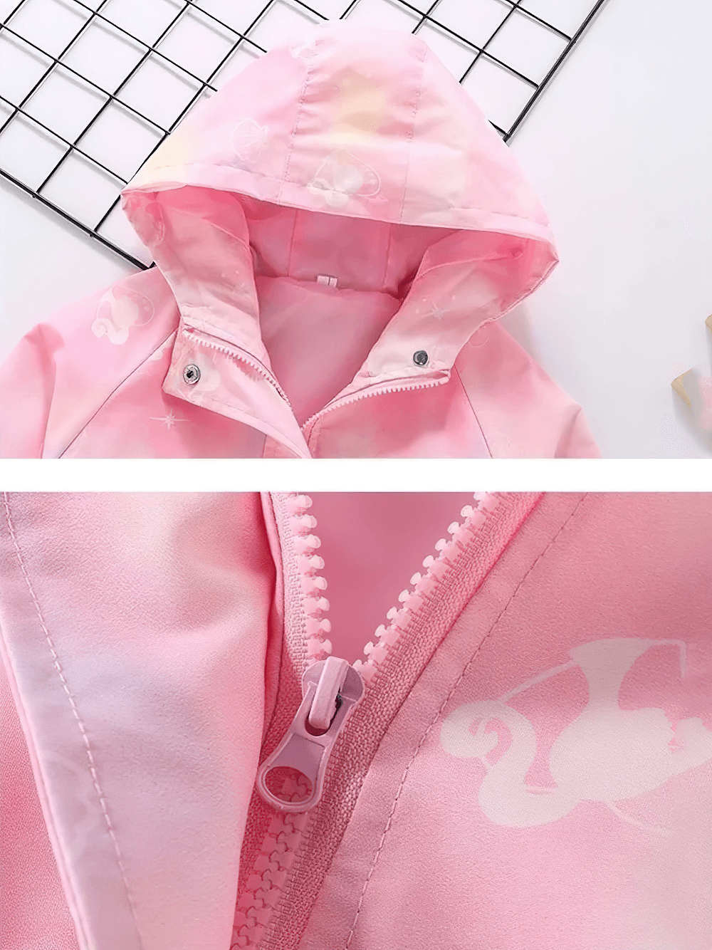 Unicorn Gradient Zipper Waterproof Jacket - SF3589; pink hooded jacket with unicorn print and zipper detail.
