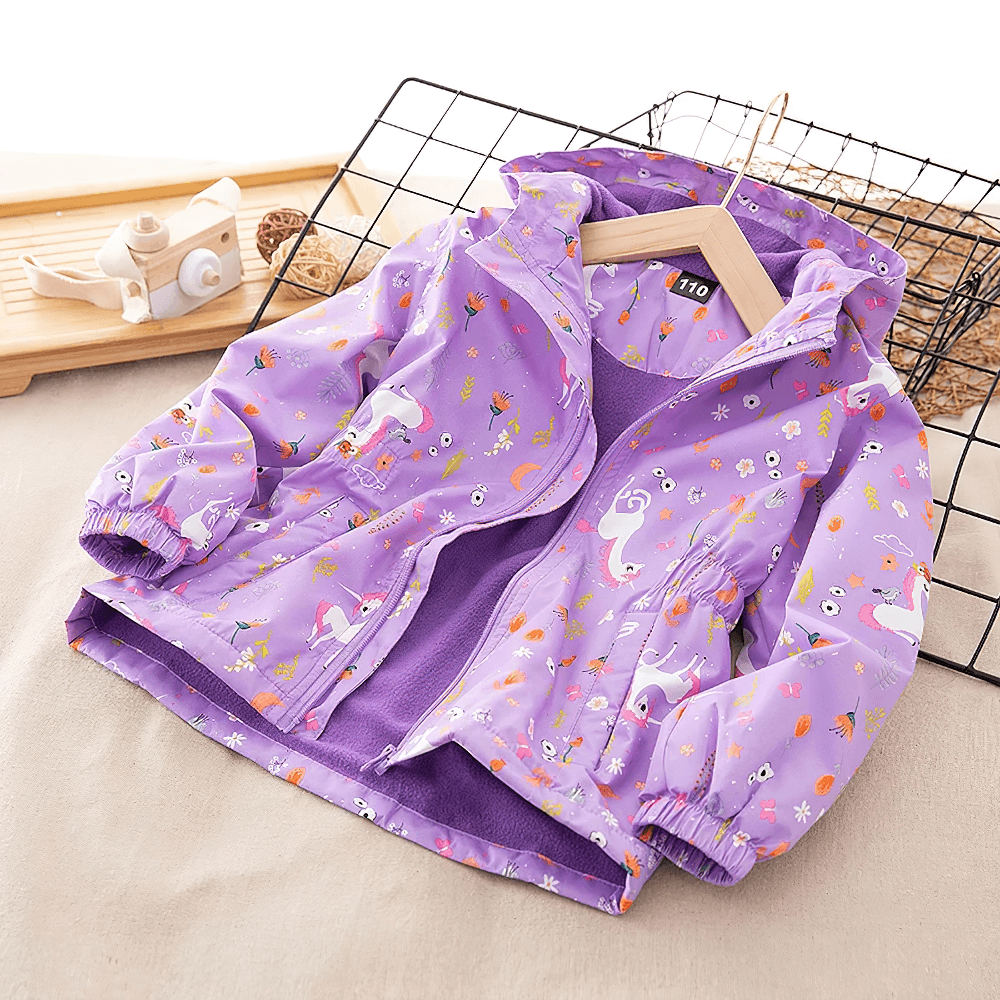 Unicorn Hooded Rain Jacket With Pockets For Girls - SF3609, playful purple design with unicorns, perfect for rainy adventures.