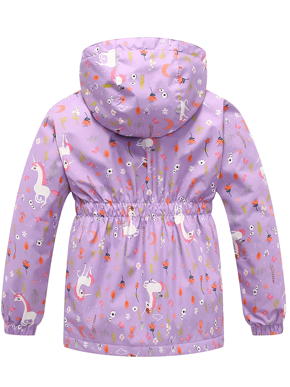 Back view of Unicorn Hooded Rain Jacket With Pockets For Girls - SF3609, showcasing colorful unicorn pattern and elastic waist.