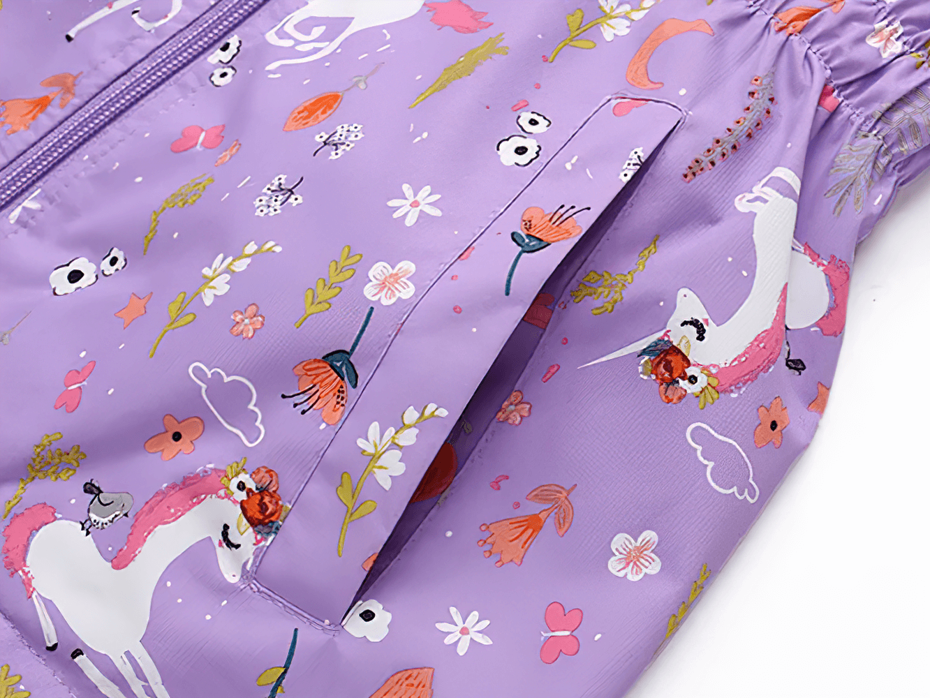 Magical unicorn pattern on the Unicorn Hooded Rain Jacket With Pockets For Girls - SF3609, showcasing whimsical design and fun details.