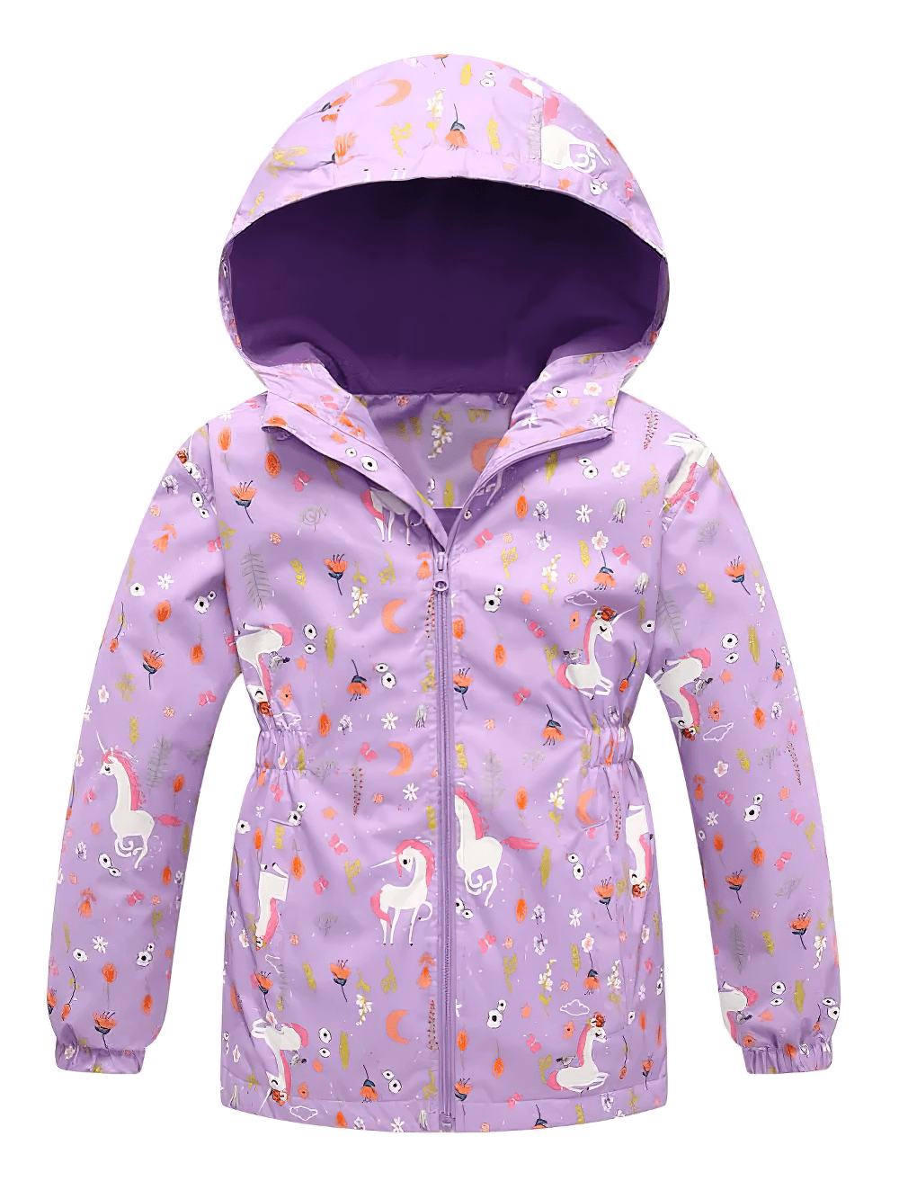 Unicorn Hooded Rain Jacket With Pockets For Girls - SF3609, a magical purple jacket featuring unicorn patterns, perfect for rainy adventures.