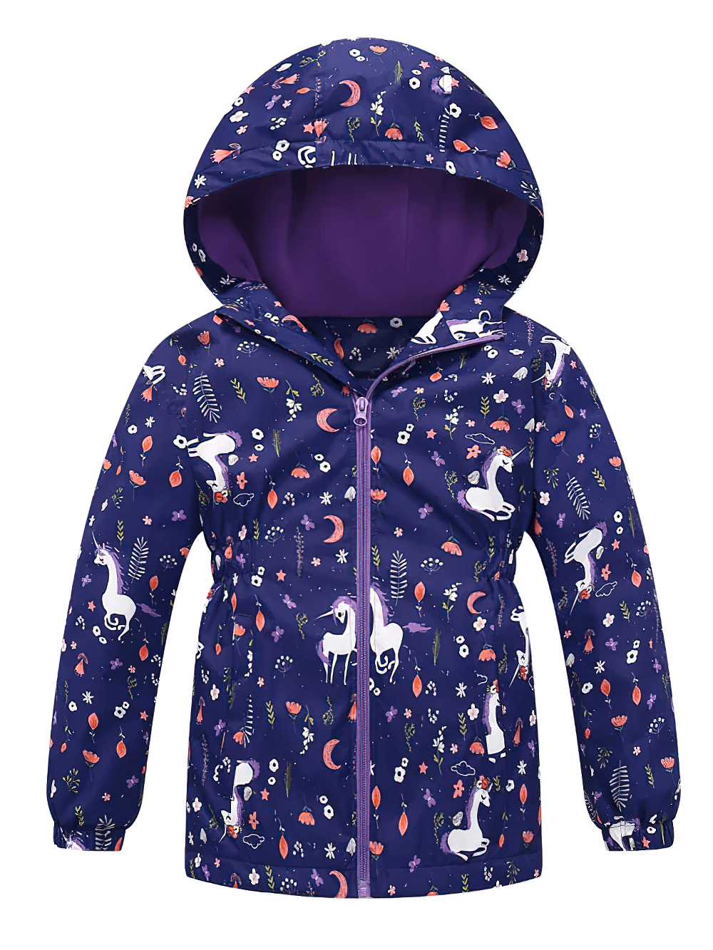 Unicorn Hooded Rain Jacket With Pockets For Girls - SF3609, featuring magical unicorn pattern and zip front.