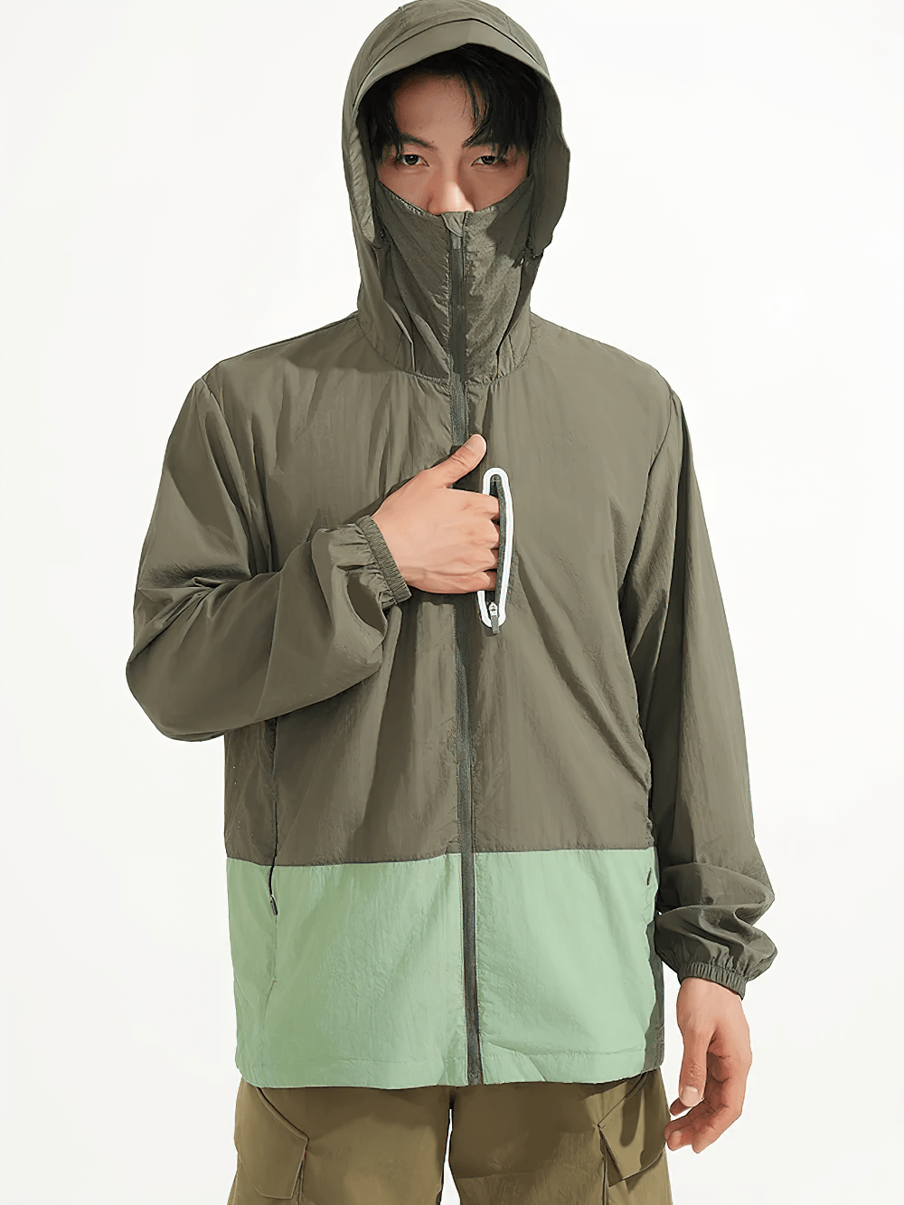Unisex Anti-UV Hooded Outdoor Windbreaker Jacket - SF4760 modeled by a person in a stylish outdoor setup.