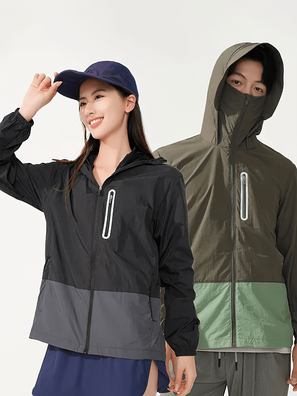 Unisex Anti-UV Hooded Outdoor Windbreaker Jacket - SF4760 worn by models showcasing stylish design.