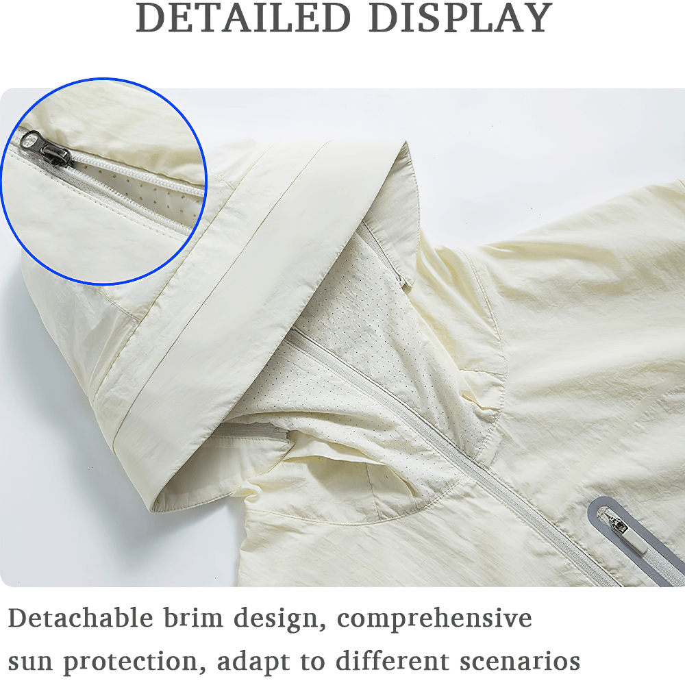 Unisex Anti-UV Hooded Outdoor Windbreaker Jacket - SF4760 detailed display showing the detachable brim design.