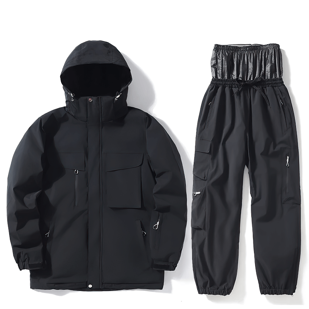 Unisex breathable ski jacket and pants set SF2564 for snowboarding, with windproof hood and waterproof design for snowy adventures.