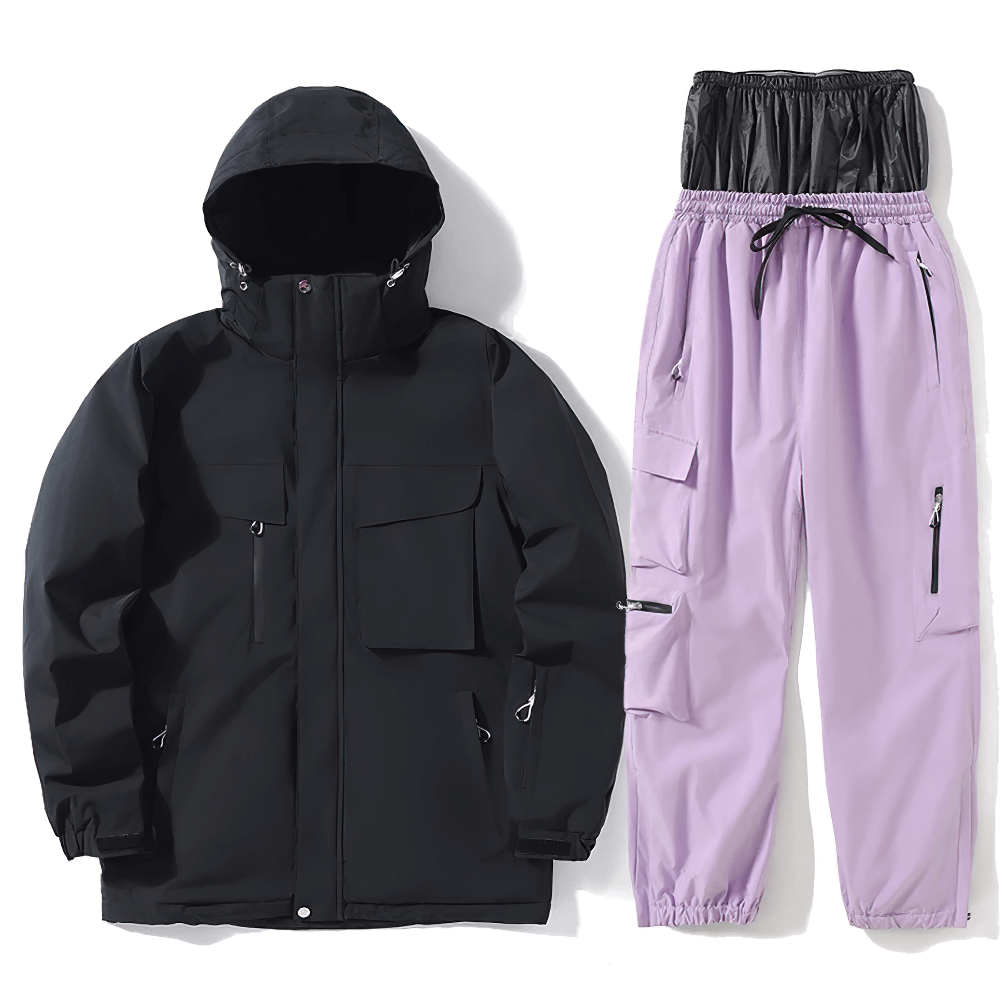 Unisex breathable ski jacket and pants set in black and lavender, ideal for skiing with waterproof and windproof features.