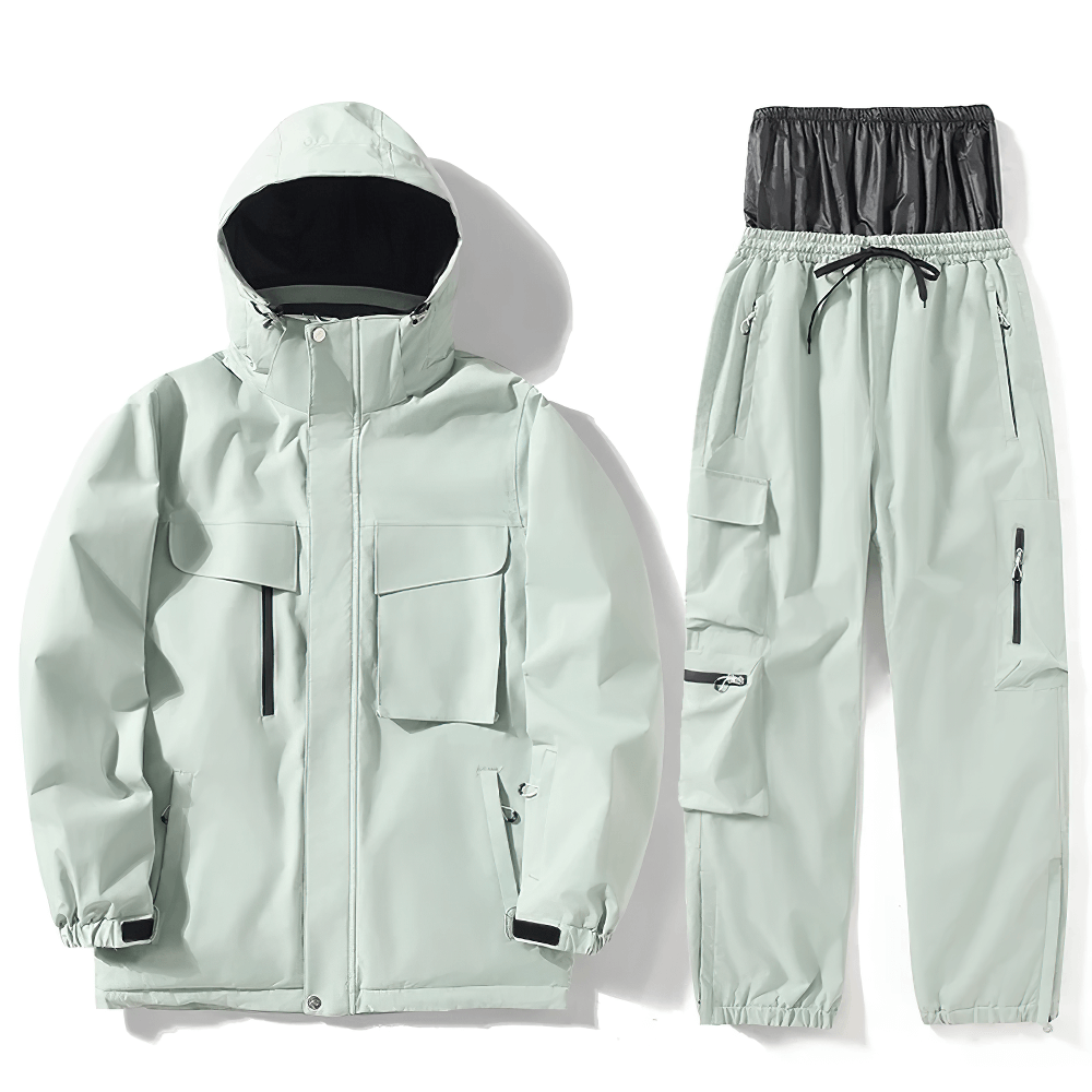 Alt Tag: Unisex breathable ski jacket and pants set SF2564 for skiing and snowboarding in light grey color, waterproof and ergonomic design.