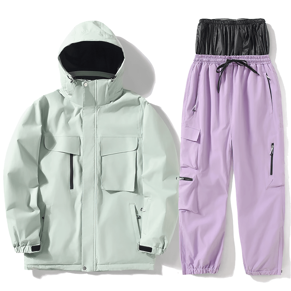 Unisex breathable ski jacket and pants set in mint and lavender. Windproof, waterproof, ergonomic design for skiing and snowboarding.