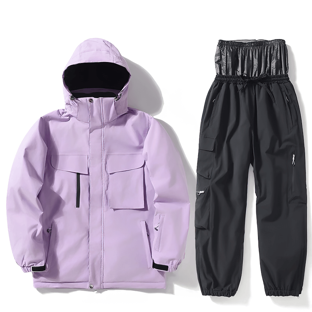 Unisex breathable skiing jacket and pants set in lavender and black, perfect for snowboarding with ergonomic fit and waterproof protection.