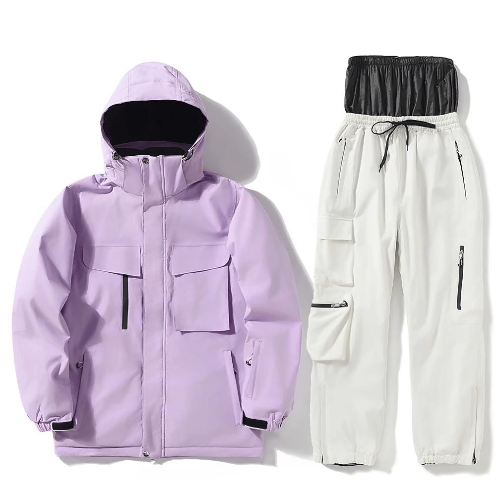 Unisex breathable ski jacket and pants set in lavender and white, windproof and waterproof, perfect for skiing adventures.