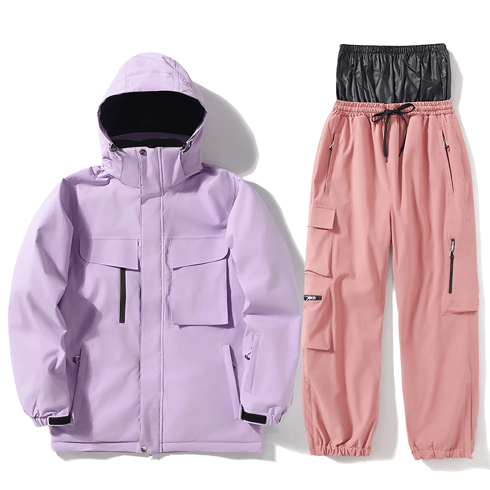 Unisex breathable skiing jacket and pants set SF2564, in lavender and pink, waterproof and windproof snowboarding suit with pockets.