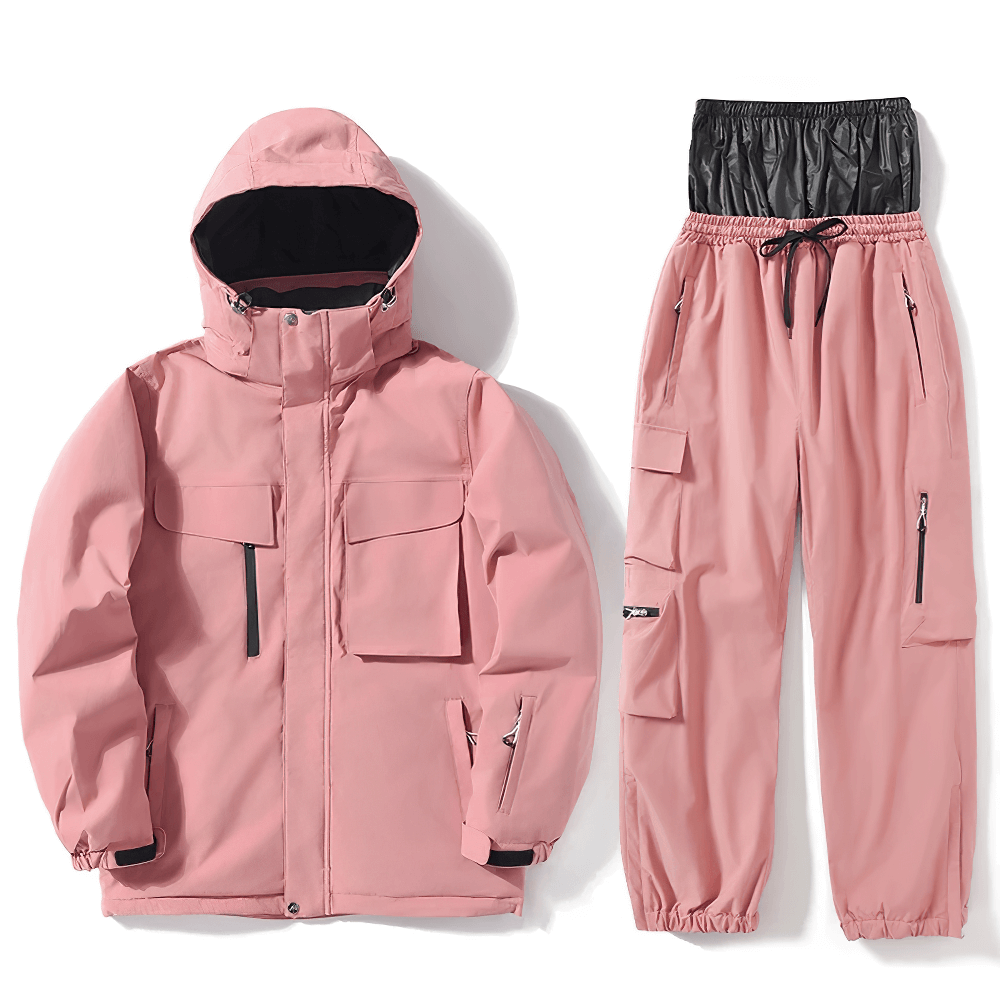 Unisex pink skiing jacket and pants set with hood, windproof, waterproof design, multiple pockets, perfect for snowy adventures.