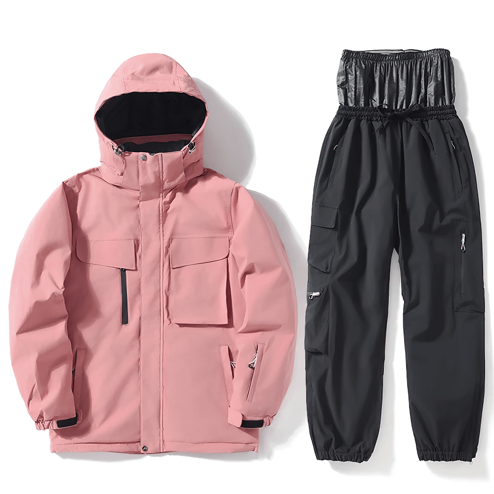 Unisex breathable skiing jacket and pants set, pink jacket with hood and black pants, windproof and waterproof for snowboarding and skiing.