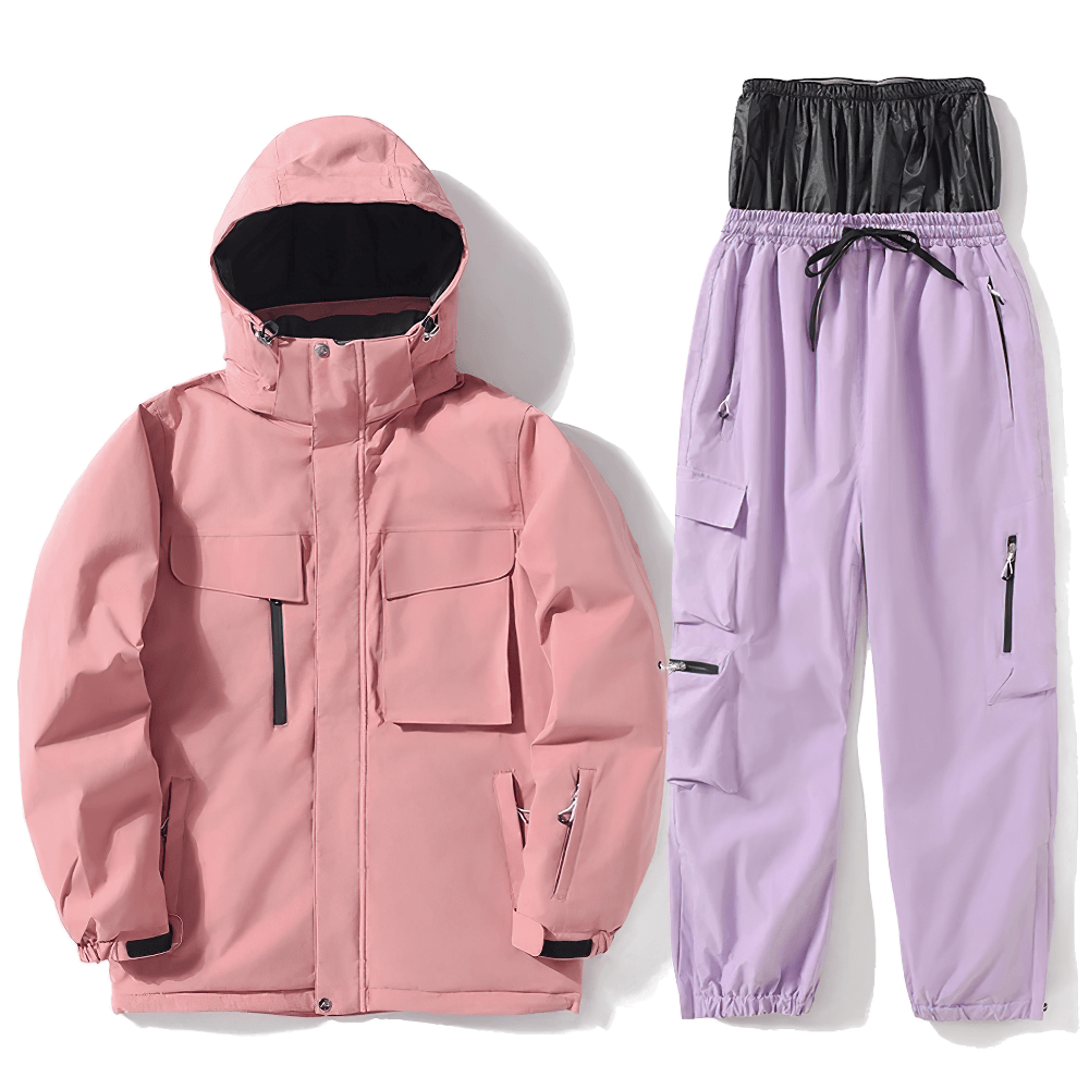 Unisex breathable pink ski jacket and purple pants set SF2564, perfect for skiing and snowboarding, with windproof and waterproof features.